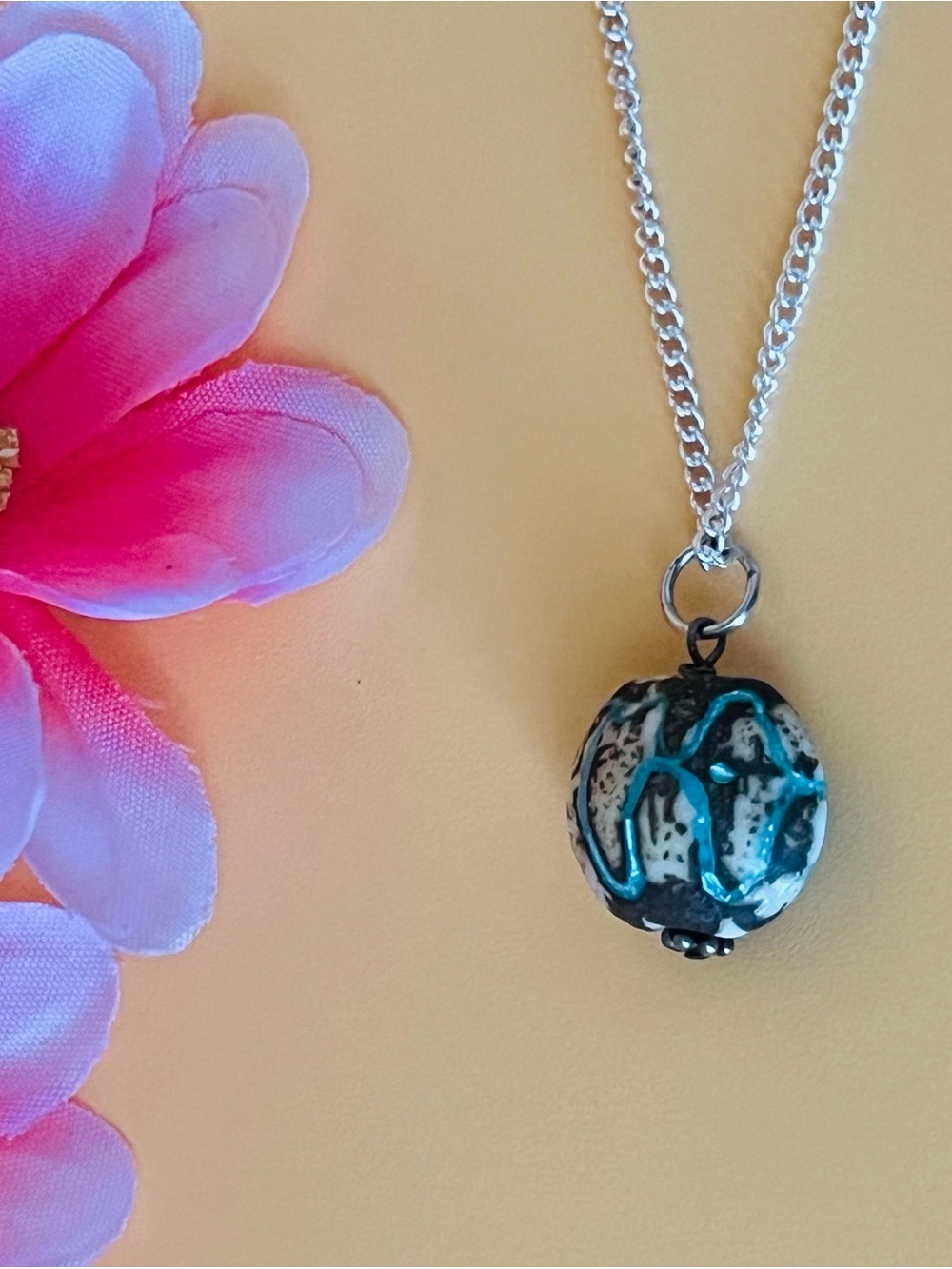 Round bead with Turquoise Accent Silver Pendant Necklace
